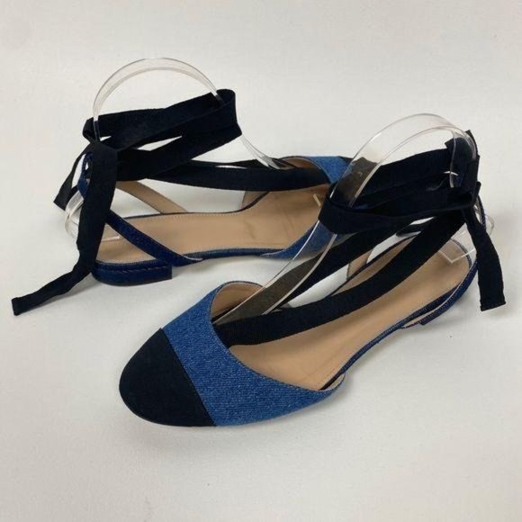 J. Crew Shoes - J. Crew Denim Cap Toe Ankle Wrap Flats Size 8